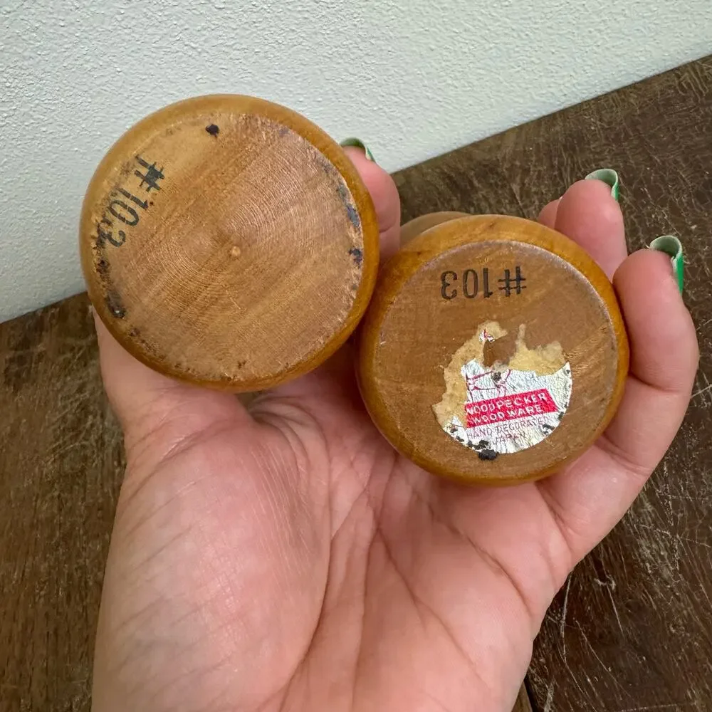 MCM Wood Salt Pepper Shakers Woodpecker Woodware Japan Atomic Mid Century Modern
